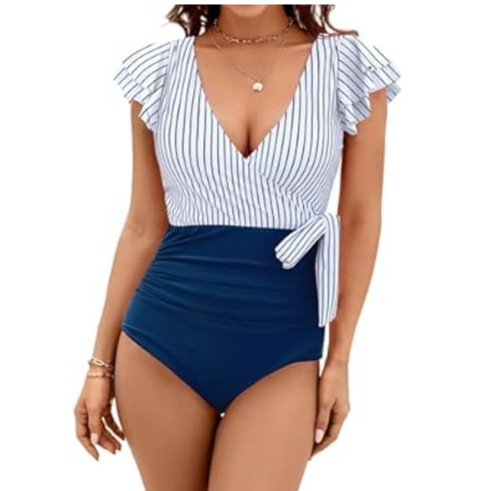 V-neck Wrap Tummy Control Swimsuit With Ruffled Sleeves